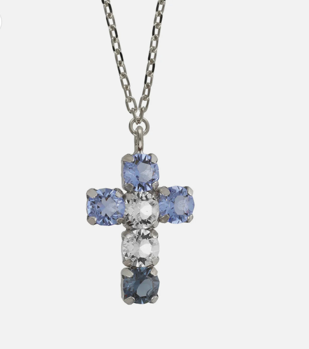 COLLAR LARGO CRUZ CRISTAL AZUL EN PLATA BAÑO RODIO DE ILLUME