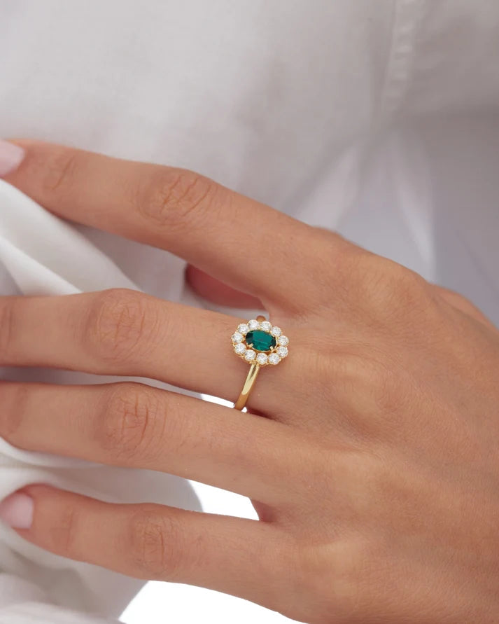 Anillo rosetón cristal verde VC
